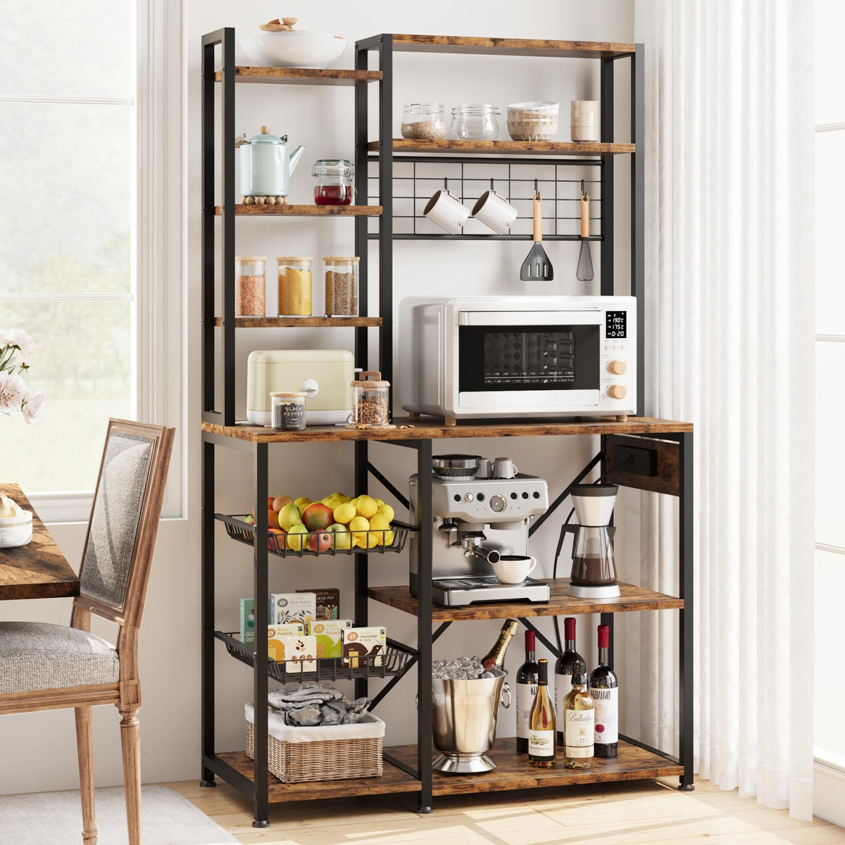Estantería de cocina industrial Garvee 6 niveles 90 cm con enchufes cesta de frutas y ganchos negra